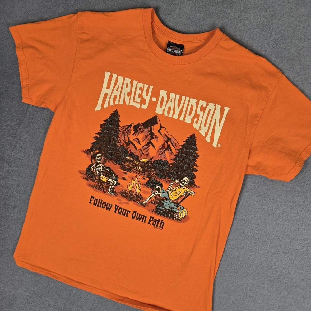 Harley Davidson T-Shirt Mens Large Laconia New Hampshire Orange Outdoor Camping